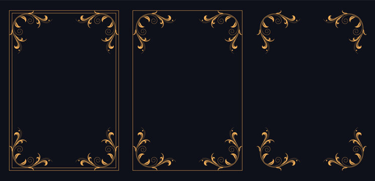 Ornamental Frames in Regal Design: A trio of ornate frames stand elegant against a dark backdrop, perfect for adding a touch of sophistication and luxury to your designs.