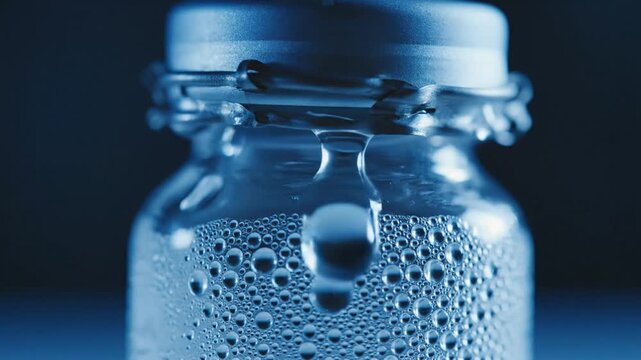 Close-up Macro Shot of a Condensation-Covered Vaccine Vial Surface with Droplets and Bubbles