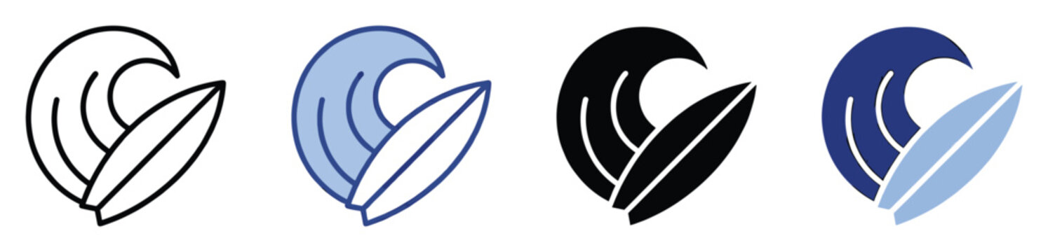 Surf icon with a wave and surfboard in various styles, ideal for summer vacation graphics and logos