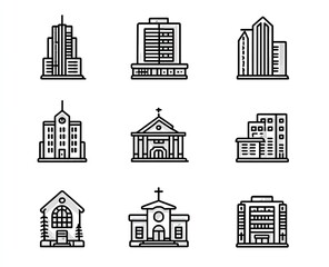 Fototapeta premium Set of Nine Black and White Building Icons.