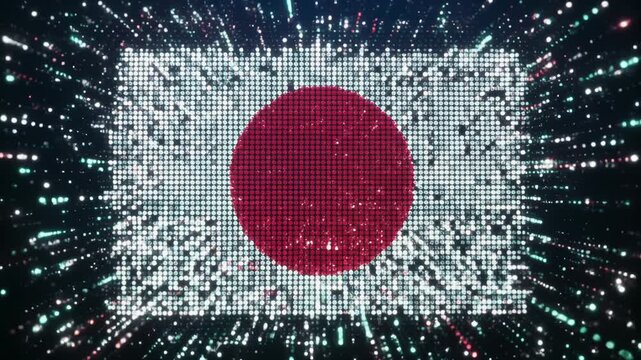 光の粒が集まり浮かび上がる未来的な日の丸