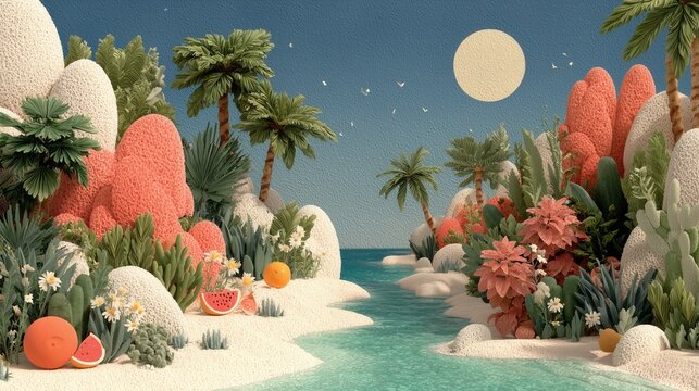 Colorful nature scene with plants and water under the sun