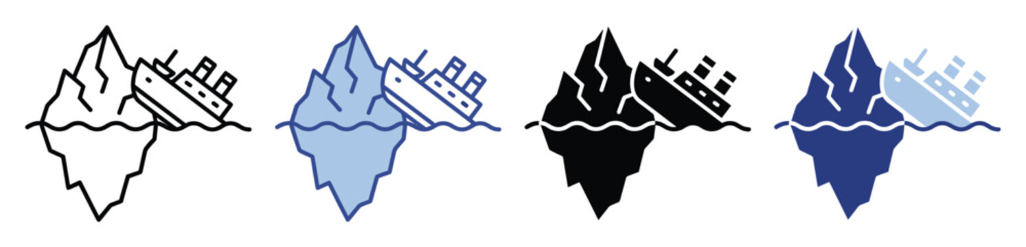 Iceberg and sinking ship icon symbolizing danger, risk, or hidden problems for warning applications.