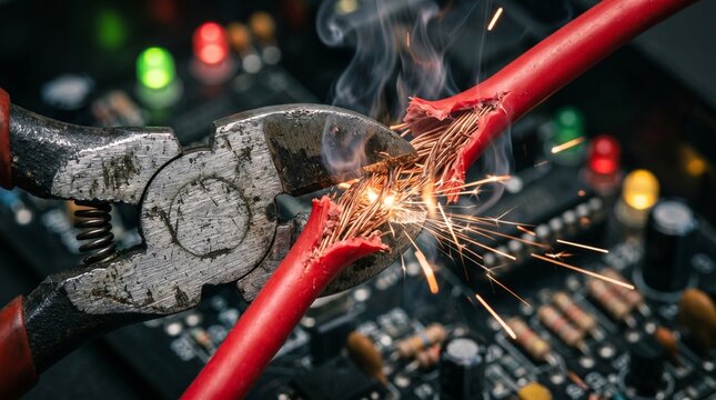 Wire Cutters Cutting Red Electric Cable with Sparks