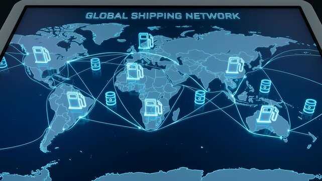 Global shipping network reveals geopolitics and wars impacting oil and gas industry with energy crisis affecting world map and resource distribution across global routes
