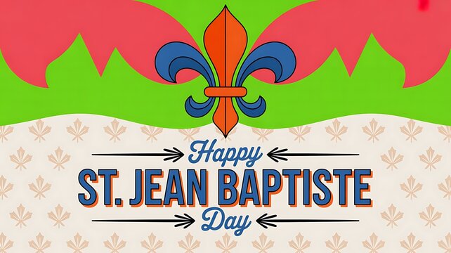 Happy saint jean baptiste day greeting card with stylized fleur de lis symbol and festive background, french canadi