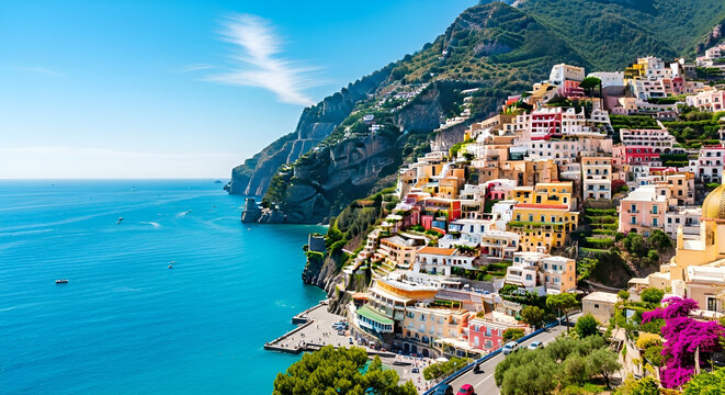 Colorful houses on a cliffside overlooking the ocean in Positano, Italy