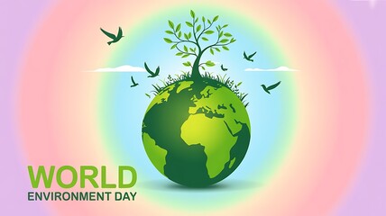 Naklejka premium World environment day banner with green earth globe growing tree flying birds rainbow background, environment