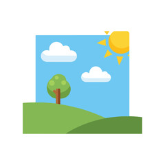 Fototapeta premium Flat vector illustration of a sunny landscape with a tree on a green hill.