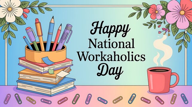 Happy national workaholics day illustration with stack of books colorful pencils coffee mug blooming flowers