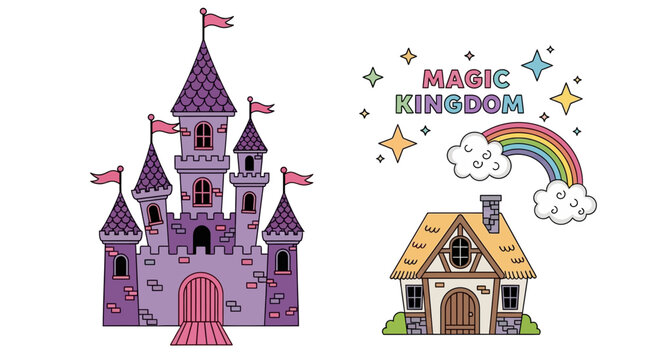 Illustration of a purple fairytale castle and a small cottage with a rainbow and clouds