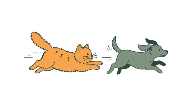 Cat and dog running side by side.