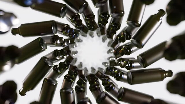 Moving Towards Black Cosmetic Bottles Arranged In A Circle, A sleek 3D motion video moving towards black cosmetic, capturing luxury and elegance, perfect for beauty documentary and cosmetic.