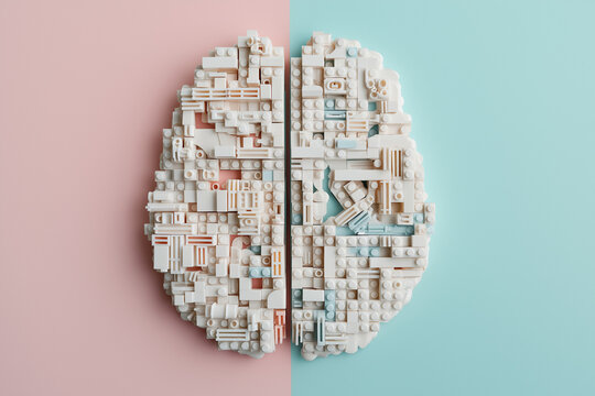 Creative brain shape made of white plastic blocks on pastel background symbolizing innovation, learning and modern technology