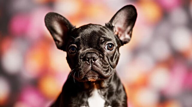 Close-up portrait of a black French Bulldog puppy with large round eyes and perky bat ears sitting against a vibrant colorful blurred bokeh background with soft lighting.