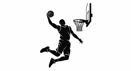 Basketball player slam dunking vector illustration. Black and white sports silhouette mascot. © Hafiz