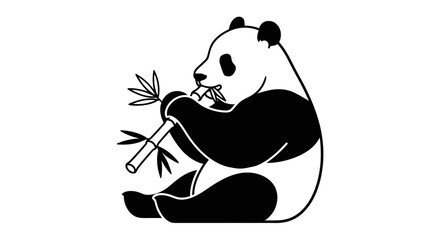 Giant Panda Eating Bamboo Illustration. Black and white sitting panda vector mascot. © Hafiz