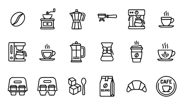 Minimal coffee outline icons cafe drink symbols espresso beans coffee maker equipment vector icon set