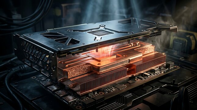 Close up of a powerful computer graphics processing unit revealing its internal cooling system with glowing hot components and intricate circuitry on a motherboard
