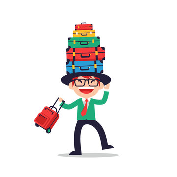 Vector illustration of a smiling businessman in a green blazer and red tie balancing a tall stack of multi-colored luggage on his head and pulling a red trolley bag.