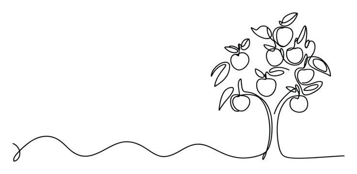 Continuous line drawing of an apple tree with many fruits, ideal for minimalist branding or nature education.