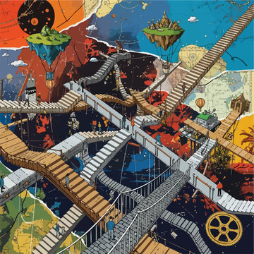 Complex interconnected wooden and stone staircase maze in a surreal fantasy world.