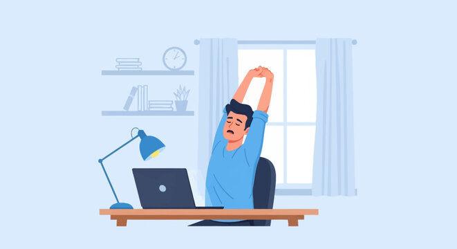 Flat vector illustration of a man sitting at a wooden desk stretching his arms above his head with eyes closed, finished working on a laptop in a home office with a window and shelves.