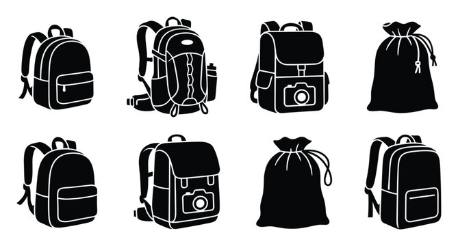 Black silhouette backpack and drawstring bag icons for travel school and outdoor usage