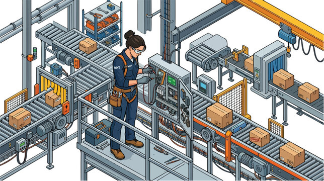 Female Factory Technician Maintaining Automated Conveyor System Industrial Automation and Robotics Workflow