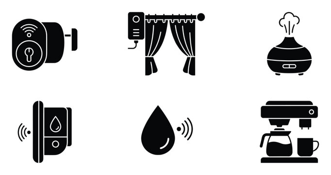 Modern smart home automation device glyph icons for connected living technology interfaces