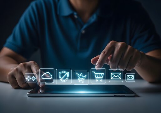 Person using tablet with floating representing various services cloud security