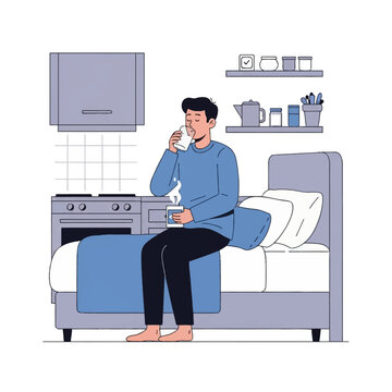 Flat vector illustration of a man sitting on the edge of a bed drinking a glass of milk and holding a steaming mug in a studio apartment with a kitchen stove and shelves.