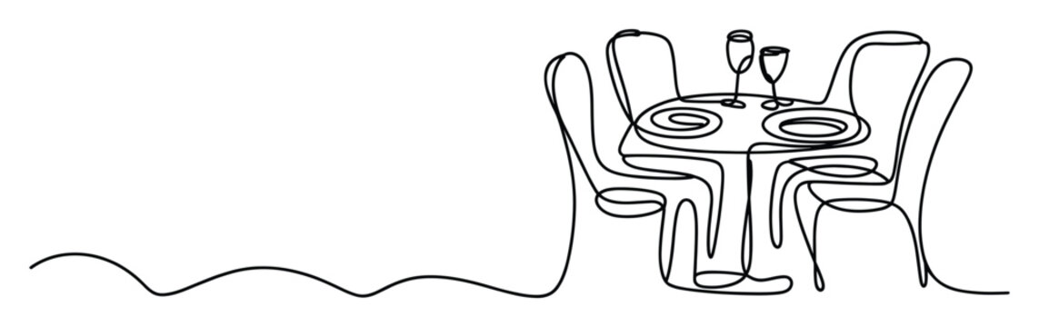 Elegant continuous line drawing of a dining table with chairs and wine glasses for event invitations or restaurant menus