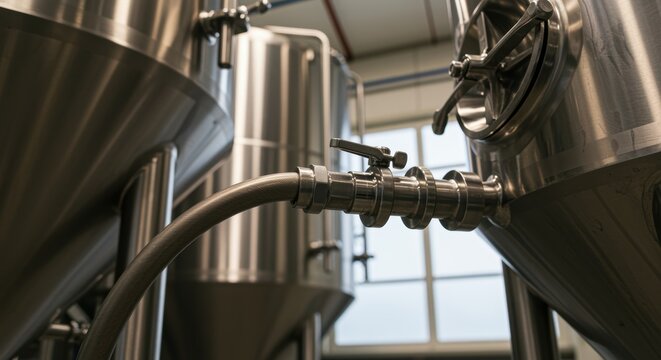 brewery tank valve open with hose for filling vessel industrial metal equipment