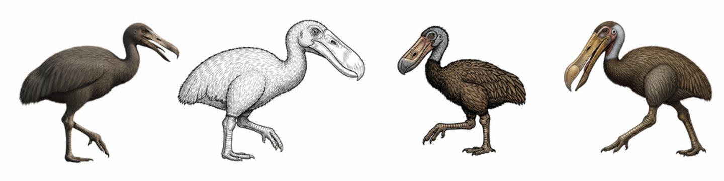 Collection of four prehistoric dodo bird illustrations on black background