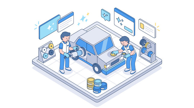 Professional Car Detailing and Polishing Isometric Illustration