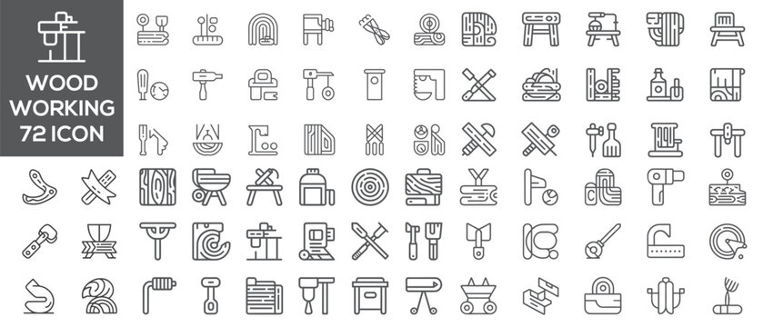 Woodworking Icon Collection: A comprehensive compilation of 72 icons representing various aspects of woodworking, from tools and techniques to finished products.