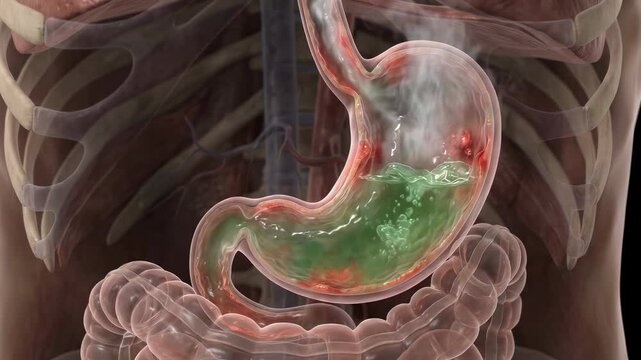 3D human stomach with bubbling green acid and rising steam, heartburn and acid reflux concept, digestive inflammation visualization, 4K video