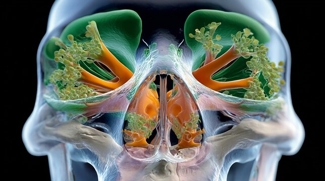 Sinus anatomy displays the complex internal structure of the human nasal cavities and facial bones in a detailed medical illustration.