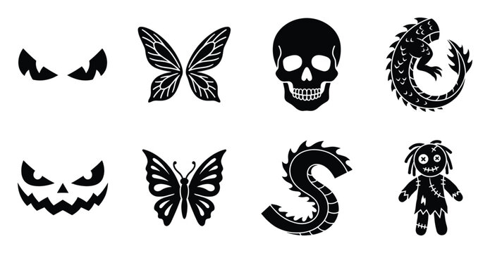 Spooky monster faces skull butterfly and dragon silhouettes for seasonal graphic design projects
