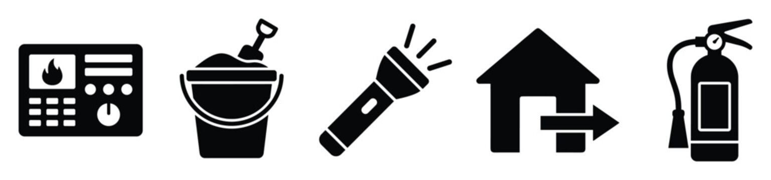 Fire safety and emergency preparedness icons for building evacuation and prevention plans materials