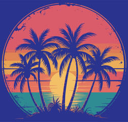 Obraz premium Tropical beach sunset vector artwork with palm silhouettes and vintage circle frame for summer design and travel graphics