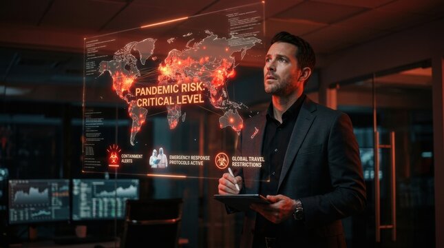 A business professional stands in a modern office looking at a holographic display showing pandemic risk alerts and global travel restrictions.