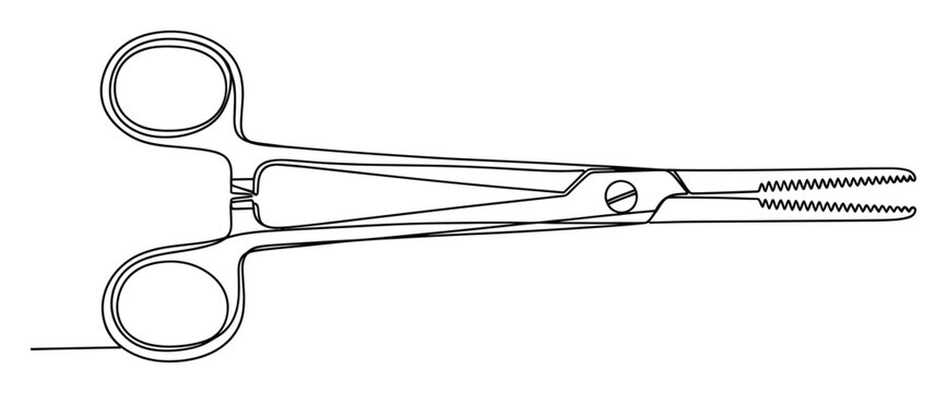 Continuous line drawing of a surgical hemostat medical clamp tool for healthcare and scientific design projects