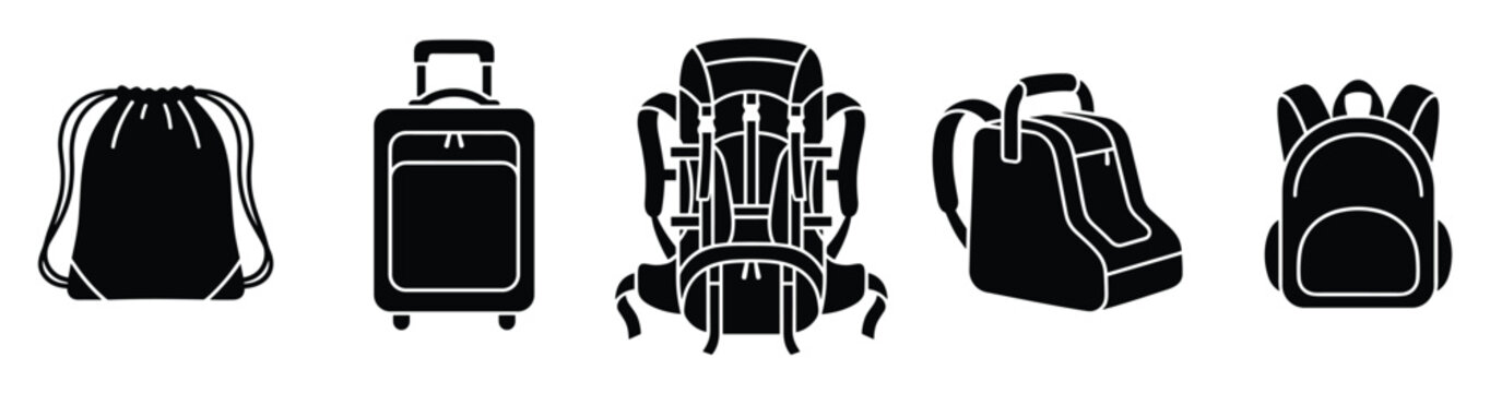 Essential baggage icons featuring various types of carrying packs for travel tourism and daily activity