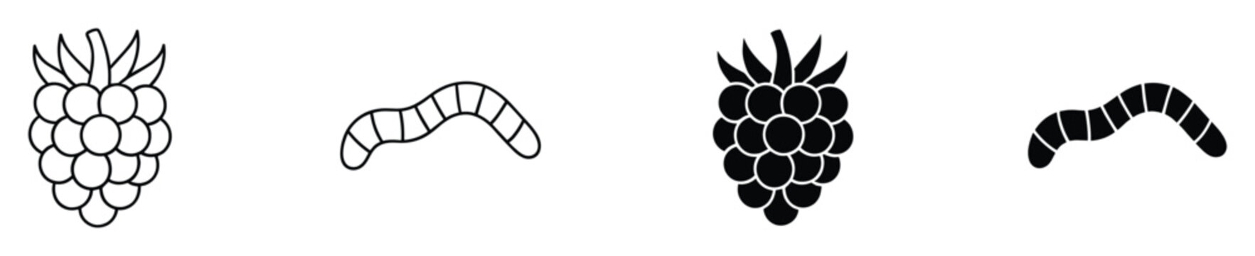 Simple raspberry fruit and segmented worm outline and solid glyph icons for graphic applications