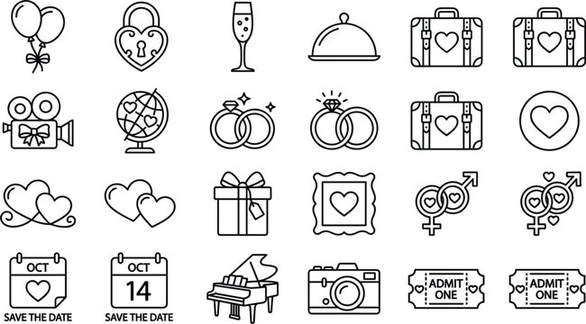 Elegant Wedding and Romance Line Icon Set Featuring Marriage Symbols, Hearts, Rings, Anniversary Celebration Elements, and Romantic Travel Icons for Invitations and Digital Design