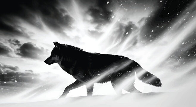 Wolf Walking in Snowy Landscape with Radiant Sky