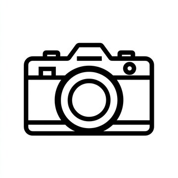 Black and white camera icon with lens and buttons.