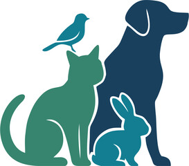 Obraz premium Stylized illustration of a dog, cat, rabbit and bird in green and blue